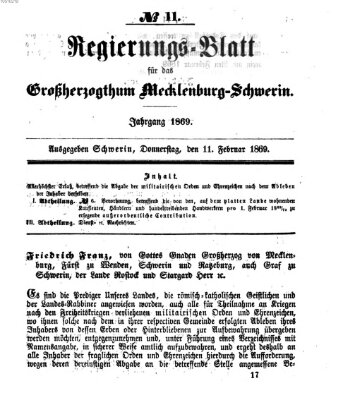 Regierungsblatt für Mecklenburg-Schwerin (Großherzoglich-Mecklenburg-Schwerinsches officielles Wochenblatt) Donnerstag 11. Februar 1869