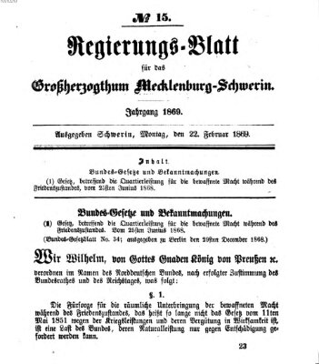 Regierungsblatt für Mecklenburg-Schwerin (Großherzoglich-Mecklenburg-Schwerinsches officielles Wochenblatt) Montag 22. Februar 1869