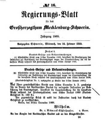 Regierungsblatt für Mecklenburg-Schwerin (Großherzoglich-Mecklenburg-Schwerinsches officielles Wochenblatt) Mittwoch 24. Februar 1869