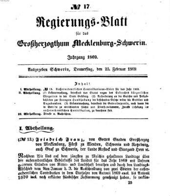 Regierungsblatt für Mecklenburg-Schwerin (Großherzoglich-Mecklenburg-Schwerinsches officielles Wochenblatt) Donnerstag 25. Februar 1869