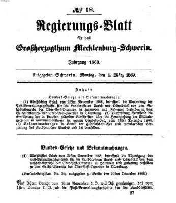 Regierungsblatt für Mecklenburg-Schwerin (Großherzoglich-Mecklenburg-Schwerinsches officielles Wochenblatt) Montag 1. März 1869