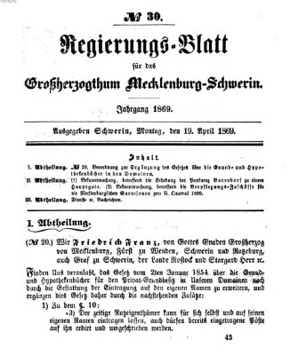 Regierungsblatt für Mecklenburg-Schwerin (Großherzoglich-Mecklenburg-Schwerinsches officielles Wochenblatt) Montag 19. April 1869