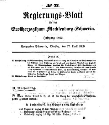 Regierungsblatt für Mecklenburg-Schwerin (Großherzoglich-Mecklenburg-Schwerinsches officielles Wochenblatt) Dienstag 27. April 1869