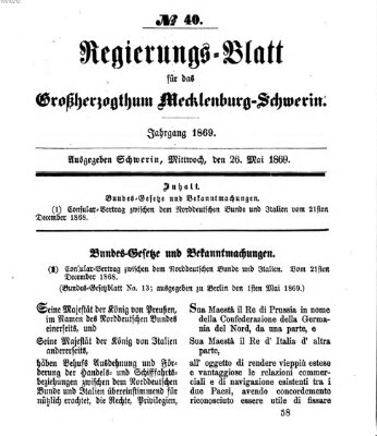 Regierungsblatt für Mecklenburg-Schwerin (Großherzoglich-Mecklenburg-Schwerinsches officielles Wochenblatt) Mittwoch 26. Mai 1869