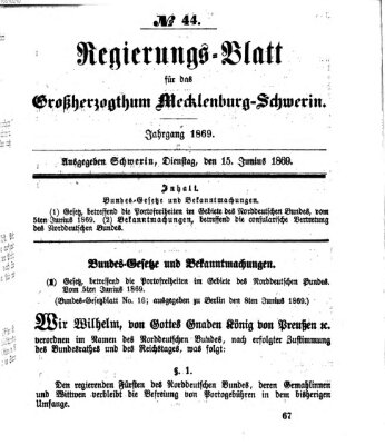 Regierungsblatt für Mecklenburg-Schwerin (Großherzoglich-Mecklenburg-Schwerinsches officielles Wochenblatt) Dienstag 15. Juni 1869