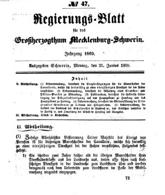 Regierungsblatt für Mecklenburg-Schwerin (Großherzoglich-Mecklenburg-Schwerinsches officielles Wochenblatt) Montag 21. Juni 1869