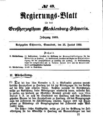 Regierungsblatt für Mecklenburg-Schwerin (Großherzoglich-Mecklenburg-Schwerinsches officielles Wochenblatt) Samstag 26. Juni 1869