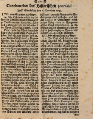 Historisches Journal Samstag 6. Oktober 1731