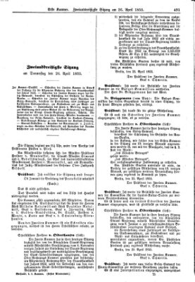 Verhandlungen der Ersten Kammer. Stenographische Berichte über die Verhandlungen der Ersten Kammer (Allgemeine preußische Staats-Zeitung) Donnerstag 26. April 1855