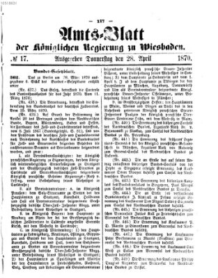 Amtsblatt der Regierung in Wiesbaden (Herzoglich-nassauisches allgemeines Intelligenzblatt) Donnerstag 28. April 1870