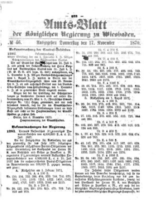 Amtsblatt der Regierung in Wiesbaden (Herzoglich-nassauisches allgemeines Intelligenzblatt) Donnerstag 17. November 1870