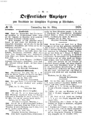 Amtsblatt der Regierung in Wiesbaden (Herzoglich-nassauisches allgemeines Intelligenzblatt) Donnerstag 31. März 1870