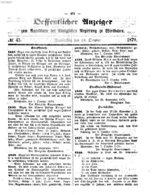 Amtsblatt der Regierung in Wiesbaden (Herzoglich-nassauisches allgemeines Intelligenzblatt) Donnerstag 13. Oktober 1870