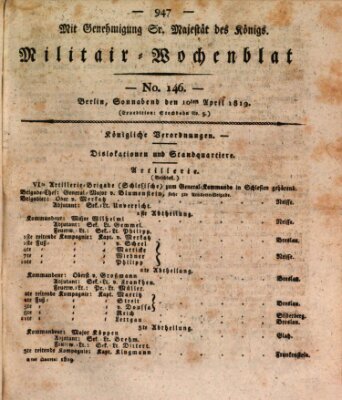 Militär-Wochenblatt Samstag 10. April 1819