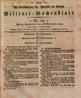 Militär-Wochenblatt Samstag 27. November 1819