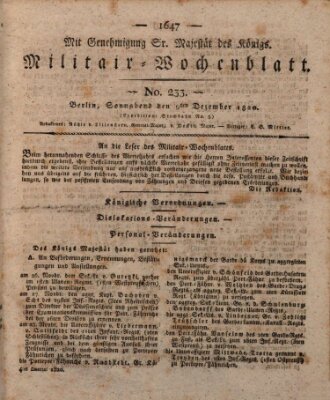 Militär-Wochenblatt Samstag 9. Dezember 1820