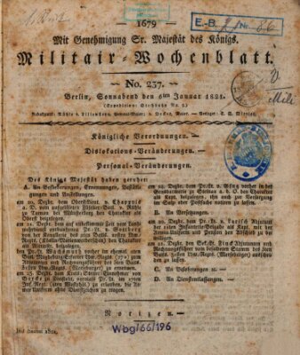 Militär-Wochenblatt Samstag 6. Januar 1821