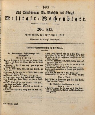 Militär-Wochenblatt Samstag 22. April 1826