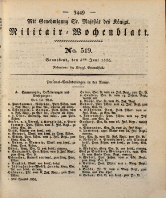 Militär-Wochenblatt Samstag 3. Juni 1826