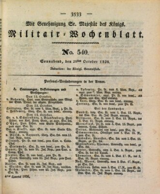 Militär-Wochenblatt Samstag 28. Oktober 1826