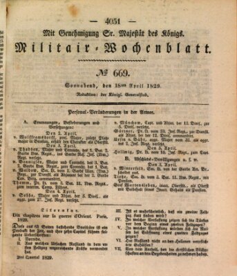 Militär-Wochenblatt Samstag 18. April 1829