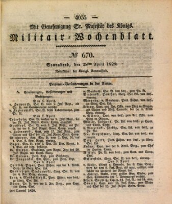 Militär-Wochenblatt Samstag 25. April 1829