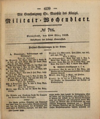 Militär-Wochenblatt Samstag 13. März 1830