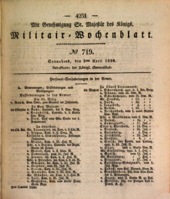 Militär-Wochenblatt Samstag 3. April 1830