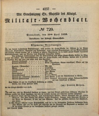 Militär-Wochenblatt Samstag 10. April 1830