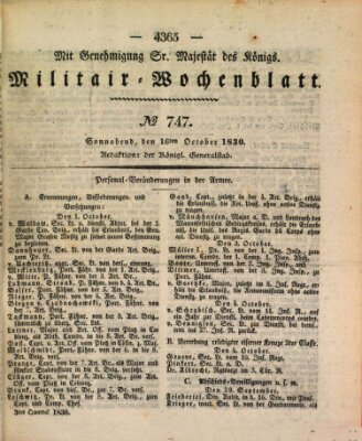 Militär-Wochenblatt Samstag 16. Oktober 1830