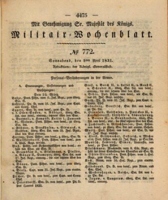 Militär-Wochenblatt Samstag 9. April 1831