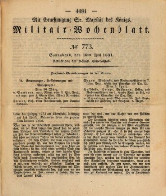 Militär-Wochenblatt Samstag 16. April 1831