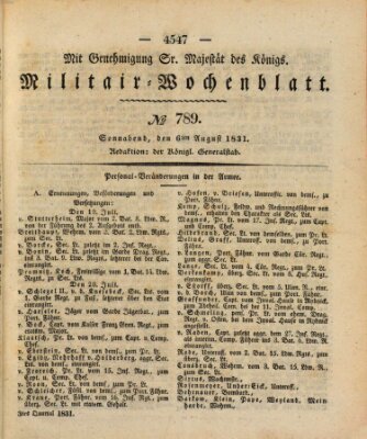 Militär-Wochenblatt Samstag 6. August 1831