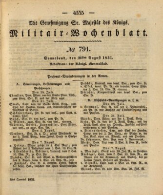 Militär-Wochenblatt Samstag 20. August 1831