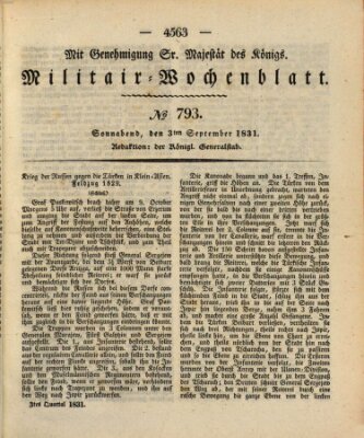 Militär-Wochenblatt Samstag 3. September 1831