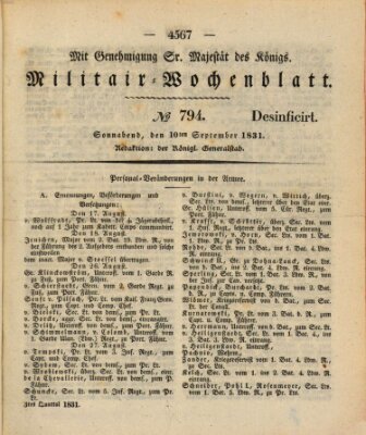 Militär-Wochenblatt Samstag 10. September 1831