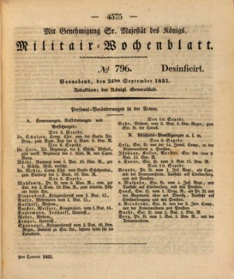 Militär-Wochenblatt Samstag 24. September 1831