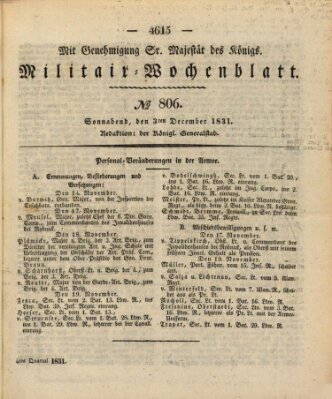 Militär-Wochenblatt Samstag 3. Dezember 1831