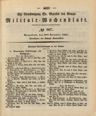 Militär-Wochenblatt Samstag 10. Dezember 1831