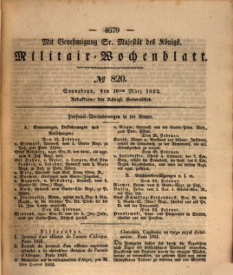 Militär-Wochenblatt Samstag 10. März 1832