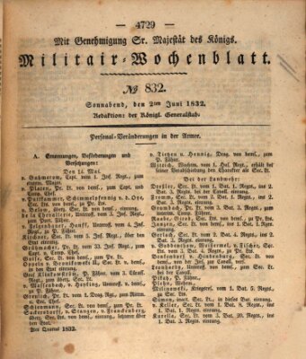 Militär-Wochenblatt Samstag 2. Juni 1832