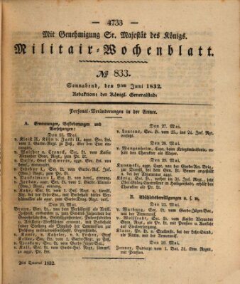 Militär-Wochenblatt Samstag 9. Juni 1832