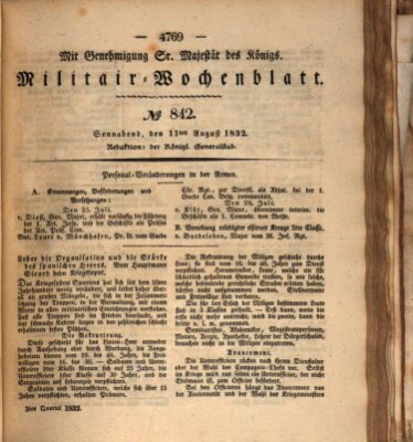 Militär-Wochenblatt Samstag 11. August 1832