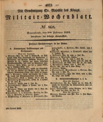 Militär-Wochenblatt Samstag 9. Februar 1833