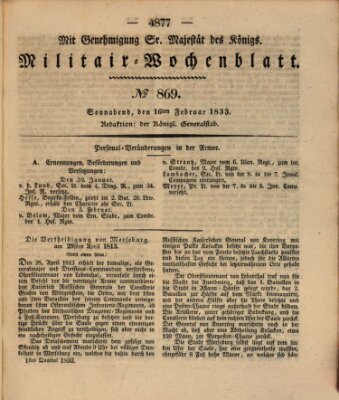 Militär-Wochenblatt Samstag 16. Februar 1833