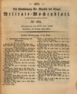 Militär-Wochenblatt Samstag 27. Juli 1833