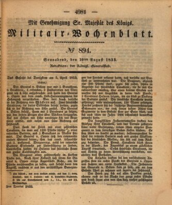 Militär-Wochenblatt Samstag 10. August 1833