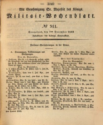 Militär-Wochenblatt Samstag 7. Dezember 1833