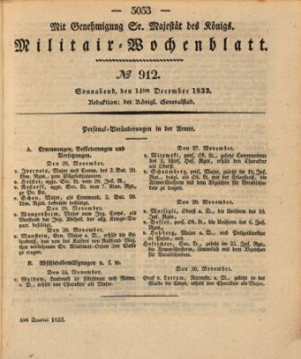 Militär-Wochenblatt Samstag 14. Dezember 1833