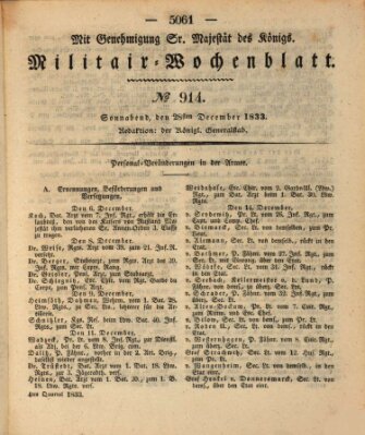 Militär-Wochenblatt Samstag 28. Dezember 1833